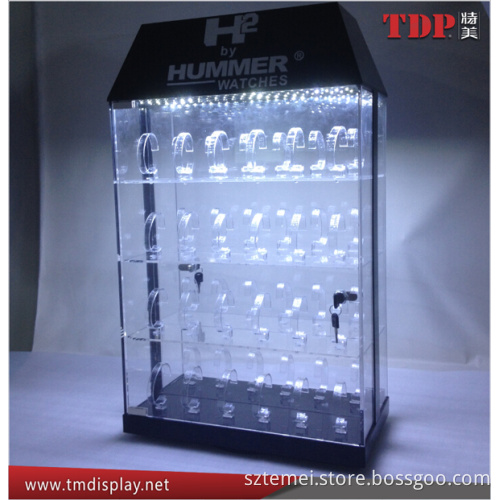 Factory custom lit up wrist watch display stand watch lcd display led illuminated acrylic display case for store sale